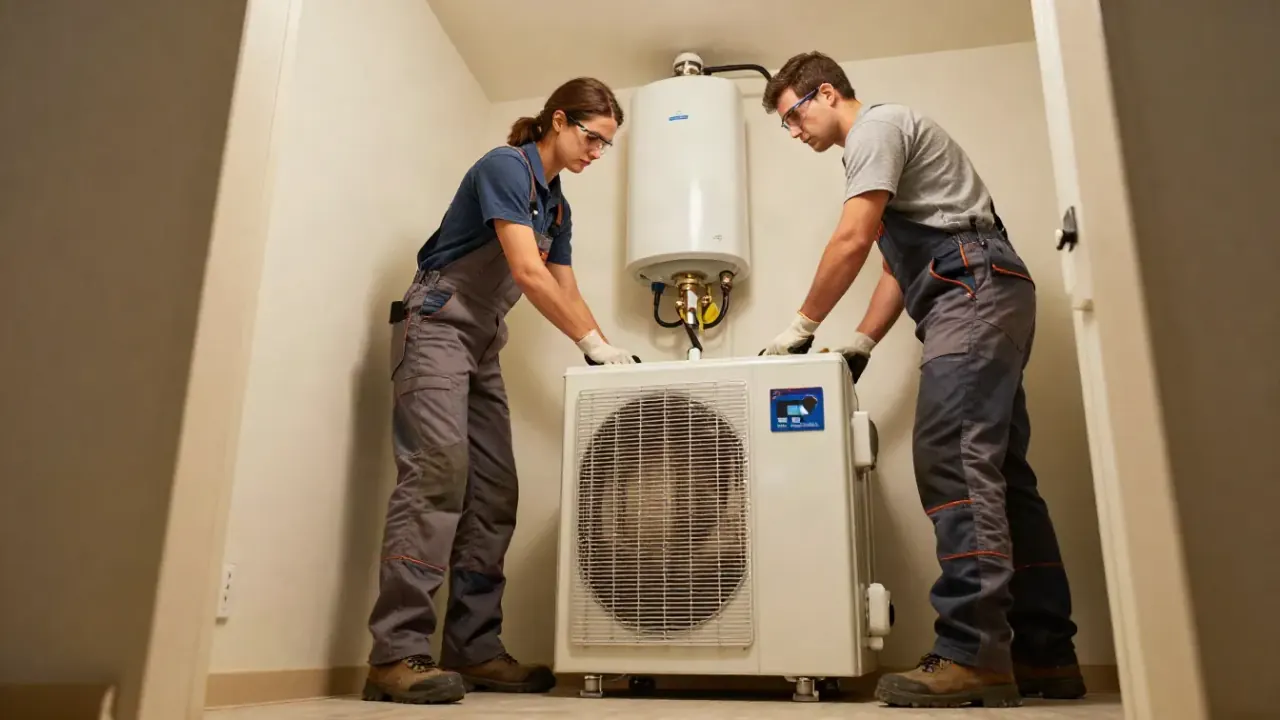 Water Heater Repair in Pahrump, Nevada: Two licensed plumbers carefully unboxing a new heat pump water heater, preparing to