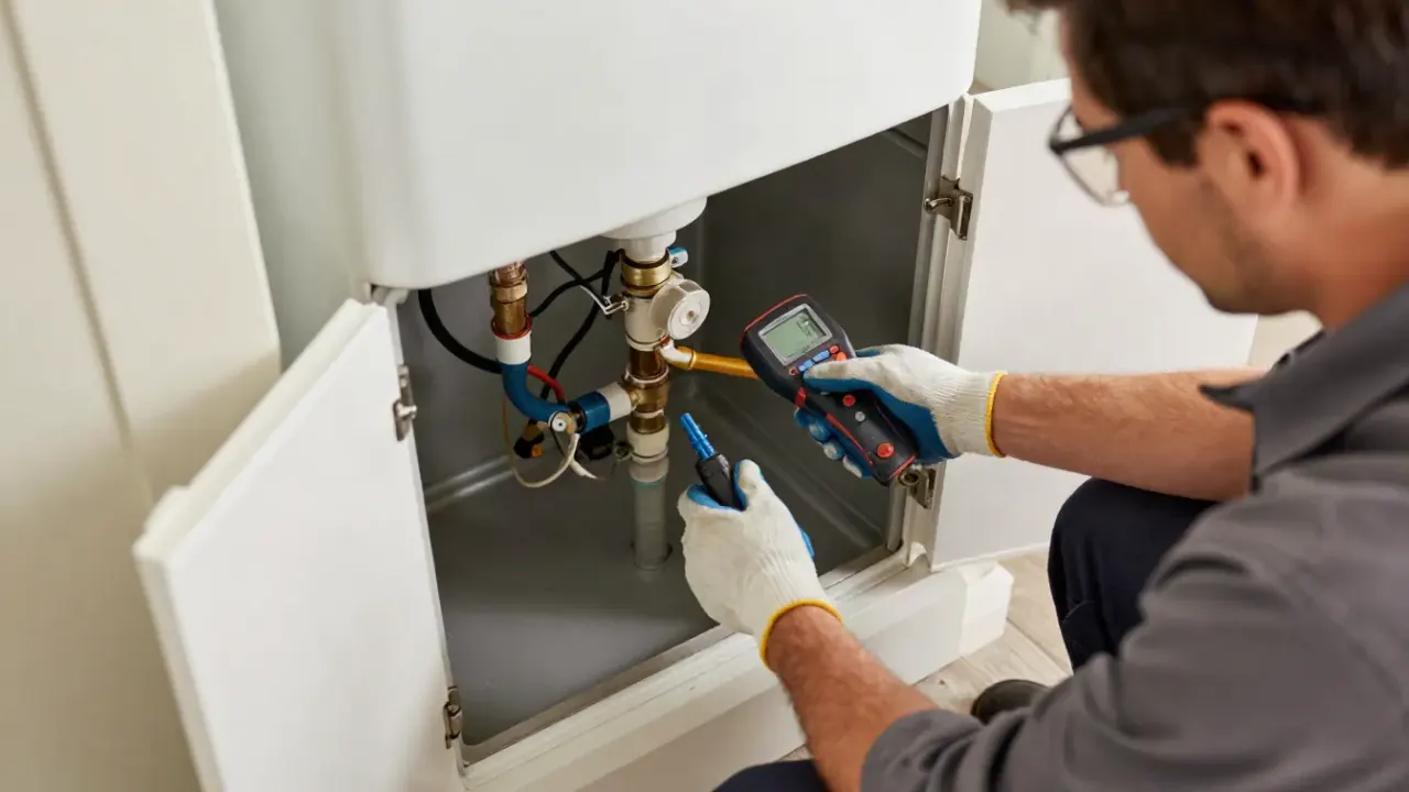 Water Heater Repair in Pahrump, Nevada: overhead shot looking down into an open water heater access panel, showing the