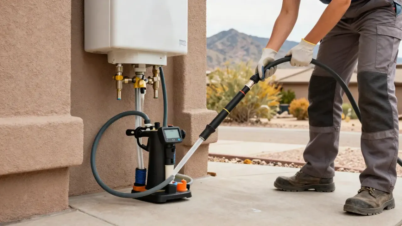 Water Heater Repair in Pahrump, Nevada: close-up of a specialized descaling pump and its connected hoses, actively