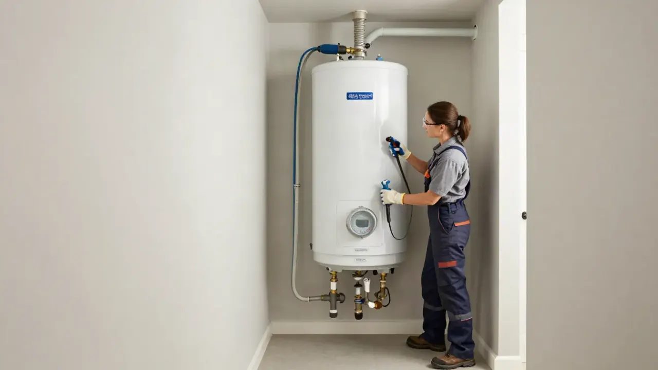 Water Heater Repair in Pahrump, Nevada: wide shot of a neatly organized utility closet, with a new, traditional tank water