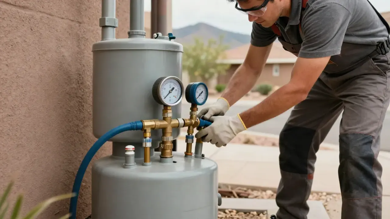 Water Heater Repair in Pahrump, Nevada: Close-up of a pressure gauge on a water heater's expansion tank, showing a healthy